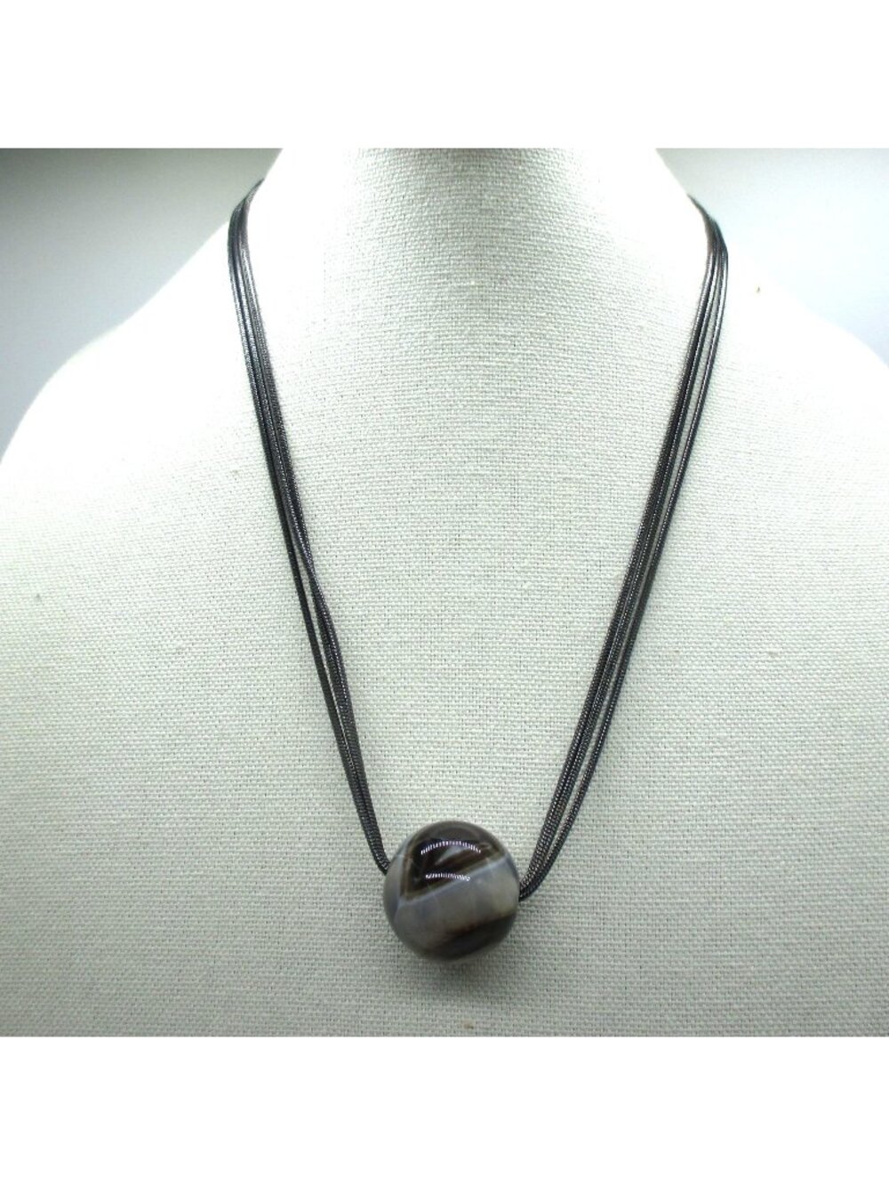 Black Multi-Strand Necklace With Agate Stone Pendant Whimsigoth Lagenlook Artsy